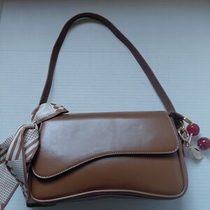 Women's Brown Leather Shoulder Bag with Scarf Accent